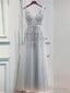 Light Sliver Grey Lace Applique V Neckline Long Prom Dress, Light Grey Wedding Prom Dresses