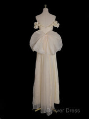 Light Yellow A-Line Satin Off-Shoulder Tulle Long Prom Dresses Graduation Prom Dresses Wedding Dresses