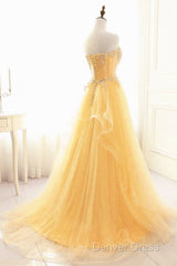 Light Yellow Beaded Tulle Long Party Dresses Prom Dresses, Yellow Formal Dresses