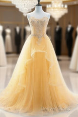 Light Yellow Beaded Tulle Long Party Dresses Prom Dresses, Yellow Formal Dresses