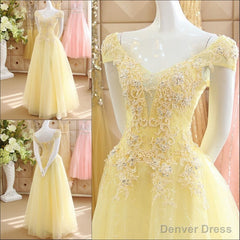 Light Yellow Tulle Cap Sleeves with Lace Applique Prom Dress, Yellow Long Evening Dress