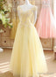 Light Yellow Tulle Cap Sleeves with Lace Applique Prom Dress, Yellow Long Prom Dresses