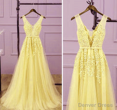 Light Yellow Tulle Long Party Dress, A-line Prom Dress Evening Gowns