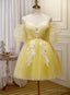 Light Yellow Tulle with Lace Puffy Sleeves Prom Dress, Yellow Homecoming Dresses