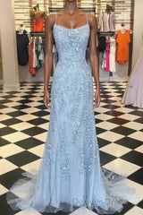 Chic Trumpet Spaghetti Straps With Lace Appliques Light Blue Prom Dresses