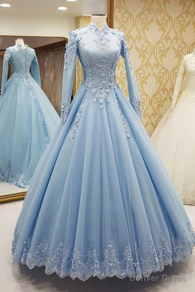 Gorgeous High Neck Long Sleeves Puffy Prom Dress, Light Blue Long Even