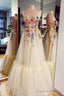 Spaghetti Straps Tulle Floor Length Long Prom Dresses with Flowers, Prom Gowns