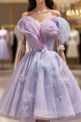 Lightpurple Tulle Off Shoulder Short Prom Dresses, Cute A-Line Off Shoulder Homecoming Dresses