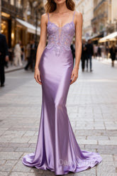 Lilac Floral Classy Mermaid Corset Long Prom Dress