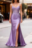 Lilac Floral Mermaid Corset Long Prom Dresses with Slit