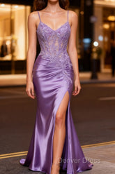Lilac Floral Mermaid Corset Long Prom Dresses with Slit
