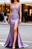 Lilac Floral Unique Mermaid Corset Long Prom Dresses with Slit