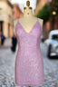 Lilac Homecoming Dress Sheath Column Ruched V Neck Sleeveless Short Mini Dresses