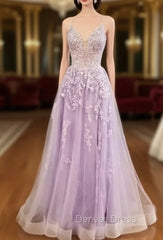 Lilac Prom Dresses, A-line V Neck Spaghetti Straps Long/Floor-Length Tulle Prom Dresses With Appliqued Sequins