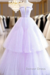 Lilac Purple Strapless Tulle Sheer A Line Prom Dresses