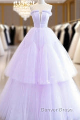 Lilac Purple Strapless Tulle Sheer A Line Prom Dresses