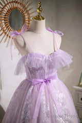 Lilac Spaghetti Strap Tulle Lace Short Prom Dress, Lovely A-Line Party Dress