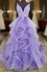 Lilac Tull Lace Applique Ball Gown Straps Long Prom Dresses Elegant Evening Dresses