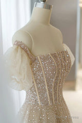 A-Line Tulle Beaded Long Prom Dress, Champagne Short Sleeve Evening Dress