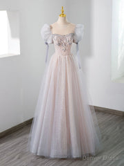 Cute Tulle Beaded Long Prom Dress, A-Line Short Sleeve Evening Dress