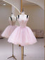 Pink Tulle Sequins Sweetheart Short Prom Dress, Pink Straps Prom Dresses