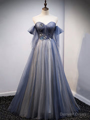 Blue Sweetheart Tulle with Lace Party Dress, Blue Long Formal Dress