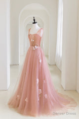 Pink Tulle Applique Long Evening Dress, A-Line Junior Prom Dress