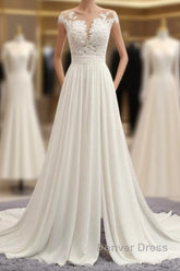 Long A-line Appliques Lace Chiffon Wedding Dresses with Slit