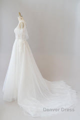 Long A-line Appliques Lace Tulle Wedding Dresses with Sleeves