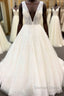 Long A Line Deep V Neck Tulle Wedding Dresses