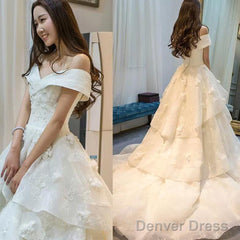 Long A-Line Off Shoulder Glamorous Floor-Length Princess Lace Ruffles Wedding Dresses,