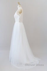Long A-line Open Back V-neck Lace Tulle Wedding Dresses