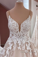 Long A-Line Sequin Tulle Spaghetti Straps Appliques Lace Wedding Dresses