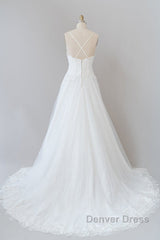 Long A-line Spaghetti Strap Applique Tulle Backless Wedding Dresses