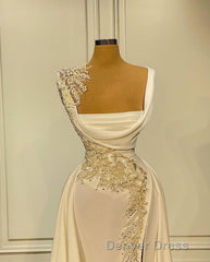Long A-Line Square Neckline Satin Ivory Prom Dresses With Slit