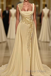 Long A-Line Square Neckline Satin Ivory Prom Dresses With Slit