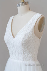 Long A-line Straps V-neck Chiffon Open Back Wedding Dresses