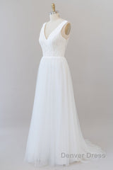 Long A-line Straps V-neck Chiffon Open Back Wedding Dresses