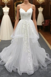 Long A-line Sweetheart Appliques Spaghetti Strap Tulle Wedding Dresses