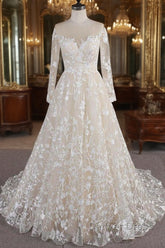 Long A-line Sweetheart Applqiues Tulle Wedding Dresses with Sleeves