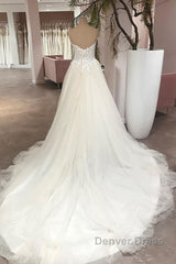 Long A-Line Sweetheart Backless Tulle Appliques Lace Wedding Dresses