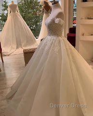 Long A-Line Sweetheart Off-the-Shoulder Appliques Lace Ruffles Wedding Dresses