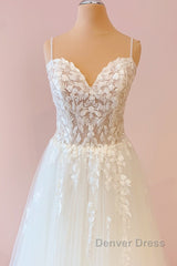 Long A-Line Sweetheart Tulle Appliques Lace Wedding Dresses
