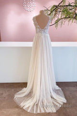 Long A-Line Sweetheart Tulle Backless Wedding Dresses With Floral Lace
