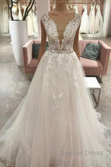 Long A-Line Sweetheart Tulle Wedding Dresses With Appliques Lace