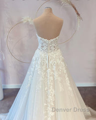 Long A-line Sweetheart Tulle Wedding Dresses with Lace