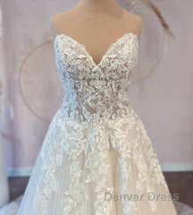 Long A-line Sweetheart Tulle Wedding Dresses with Lace