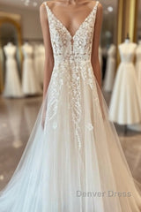 Long A-Line Tulle Appliques Lace Spaghetti Straps V-neck Backless Wedding Dresses