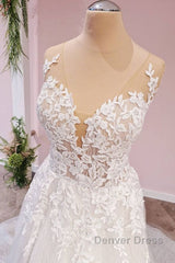 Long A-Line Tulle Backless Appliques Lace Sweetheart Wedding Dresses