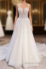 Long A-Line Tulle Backless Appliques Lace Sweetheart Wedding Dresses